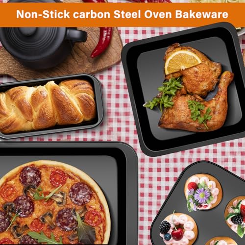 6-Piece Carbon Steel Bakeware Set, Nonstick Baking Pans with Cookie Sheet, Deep Roaster, Square Pan, Loaf Pan, Muffin Pan for Cooking,Baking Pans Set (black) - Image 3