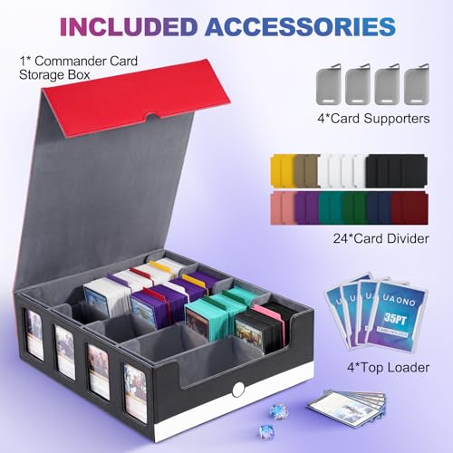 Image of UAONO Trading Card Storage Box with Commander Display; 2400+ Deck Box for MTG with Removable Cover; Top Loaders Card Case fits Magic TCG PTCG Sports Cards; 24 Dividers, 4 Stoppers (Red, White)
