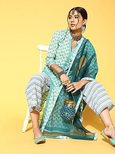 Image of Women Sea Green Printed Straight Kurta Palazzo with Dupatta Set