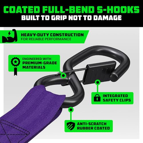 Image of Rhino USA Retractable Ratchet Straps (2-Pack) - 1 Inch x 10 Feet (1,209lb Break Strength) - Auto Self Retracting Tie Down Straps for Truck, Cargo Trailer, Motorcycle, ATV, UTV - Purple