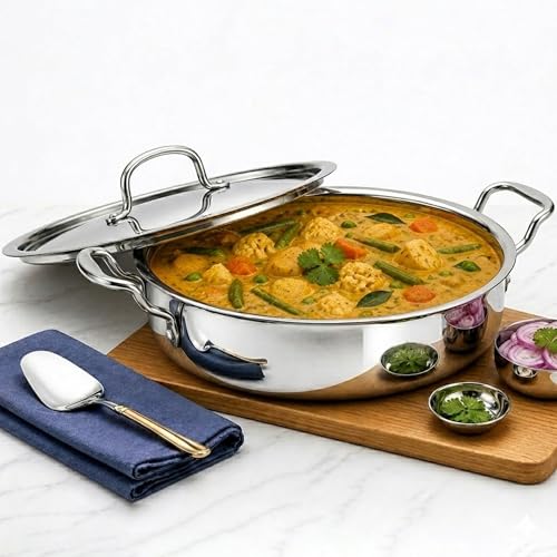 Image of SOLARA Triply Stainless Steel Uruli 28 cm with SS Lid, Tri Ply Heavy Bottom Cooking Pot, Stainless Steel Handle, Induction Friendly Deep Kadai /Uruli for Curry, Biryani & Frying