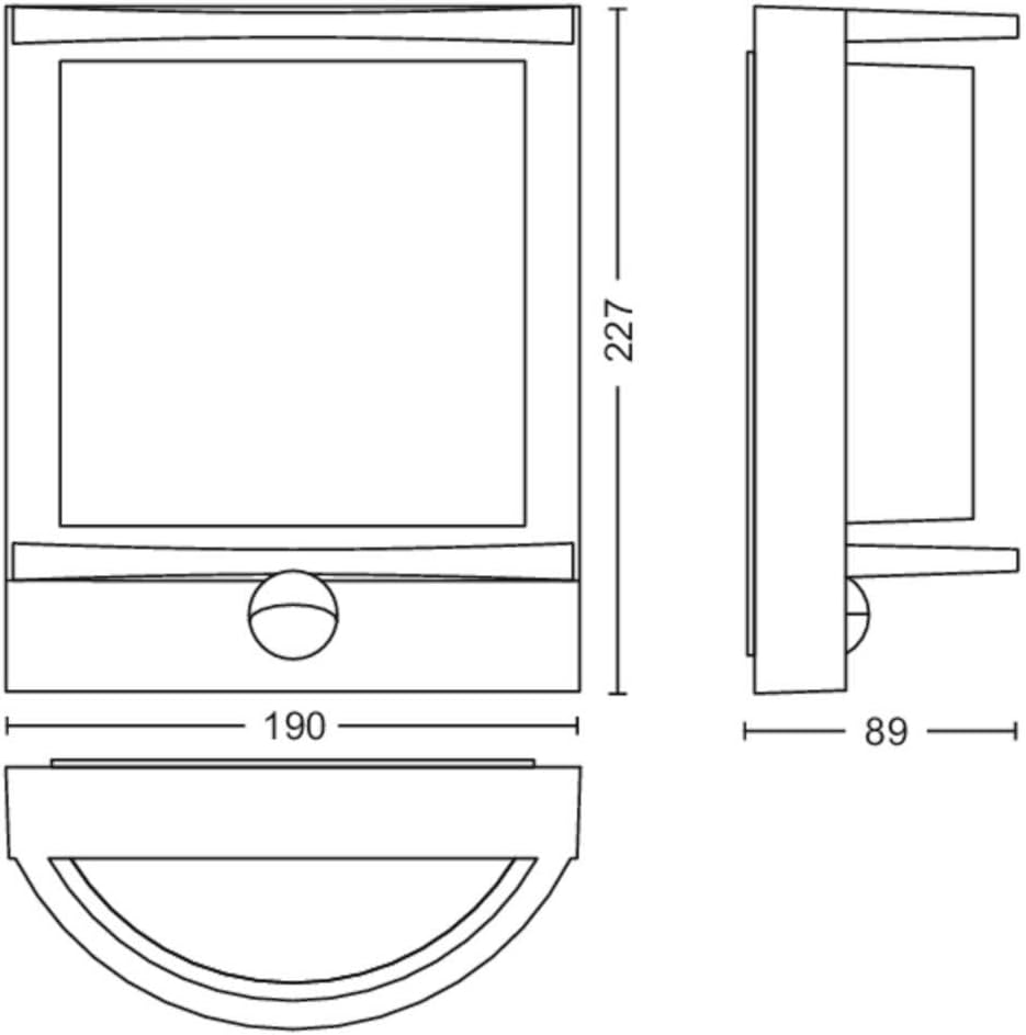 Technical drawing showing dimensions of the Philips MyGarden Samondra LED Outdoor Wall Light.