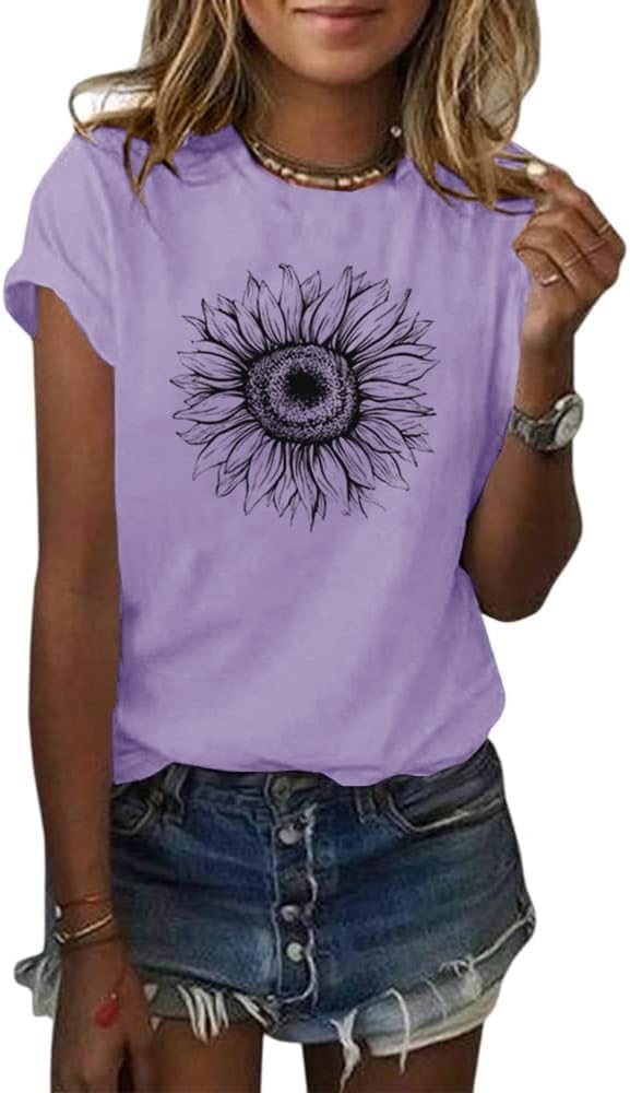 Cicy Bell Damen Sonnenblumen T Shirt Sommer Kurzarm Niedlich Grafik Lose T-Shirts Für Damen Tops