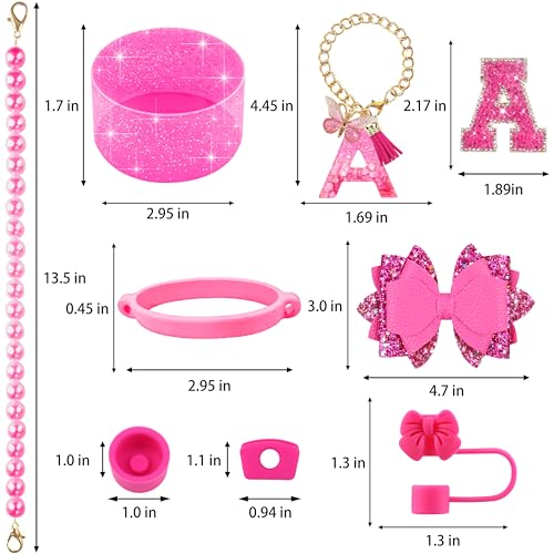 Hpebl 9PCS Hot Pink for Stanley Cup Accessories Set Bling Initials Bow Charms for Stanley Decorations 30/40 Oz Tumbler Accessories Including Bow Straw Topper, Handle Strap, Spill Stopper（Letter A） - image 3