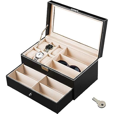 Jolitac 12 Grids PU Leather Glasses Storage Case Watch Organizer 2-Tier Eyewear Sunglasses Display Drawer Holder Transparent Lid with Lock Lockable Jewelry Box Collection Organizer for Women Men Cover