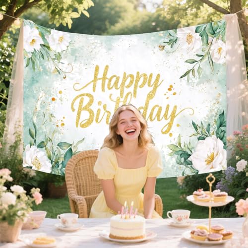 Image of Sage Green Birthday Decoration Backdrop 72X44inch Banner Greenery Eucalyptus Leaves Flower Floral Birthday Party Banner Background Party Decorations for Women Adults Girls
