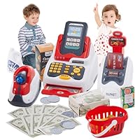 Qivange Toy Till Cash Register for Kids Toys Shop Age 3 4 5 with Scanner and Music, Play Money Pretend Toddler Toys with Food Fruit Basket Milk Credit Card Banknotes, Role Play Shop Toys Birthday Gift