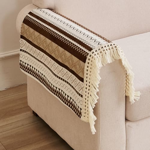Image of HOKIPO Nordic Boho Geometric Sofa Armrest Cover with Tassel (2 Pc) 'NordicTassel Series' Arm Cover, Chocolate Brown (AR-6550-BRN*2)