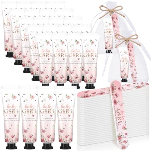 Landhoow 24 Sets Baby Shower Hand Cream Nail File Girl Gift Bulk Baby Favors for Guests Pink Flower Travel Size Thank You Gifts Organza Bags Set Birthday Decoration Souvenir for Winner Guests