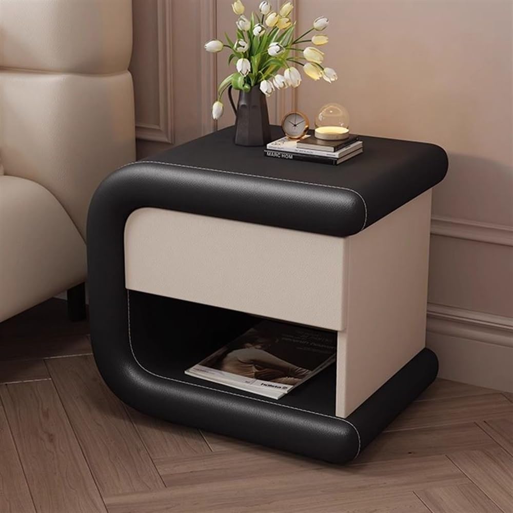 Tabouret en cuir avec rangement et table basse de nuit en bois de luxe noir