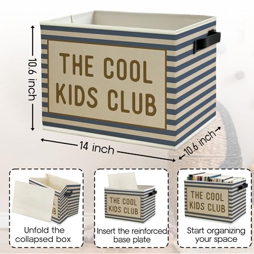 Image of Blue Striped Kids Storage Bins Box with Handles, the Cool Kids Club Collapsible Basket Organizer for Classroom Boys Girls Room Bedroom Nursery Playroom Books Clothes