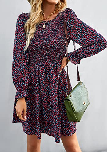 Image of KIRUNDO Long Sleeve Dress for Women 2025 Summer Fall Wedding Guest Smocked Floral Crewneck Ruffle A Line Flowy Mini Dress