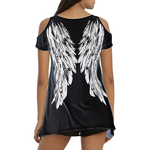 Tulucky Womens Fashion Angel Wing Loose T Shirts Cutout Shoulder Irregular Tops - Black - Small Cover