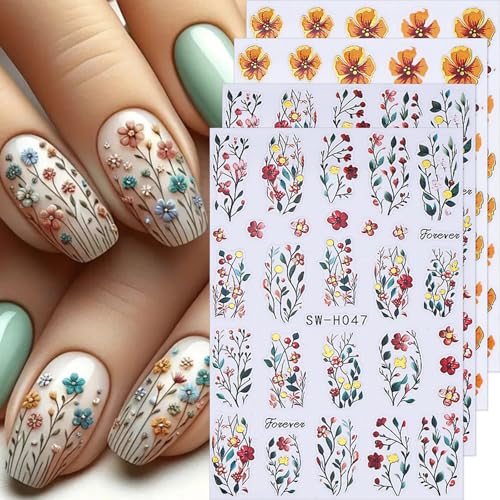Fall Flower Nail Stickers Cute Nail Decals 3D Self Adhesive Floral...