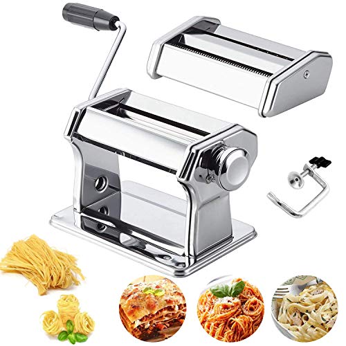 Pasta Maker410 Grade Stainless Steel Pasta MachineAdjustable Thickness Settings Noodle Maker2 Blades Silver
