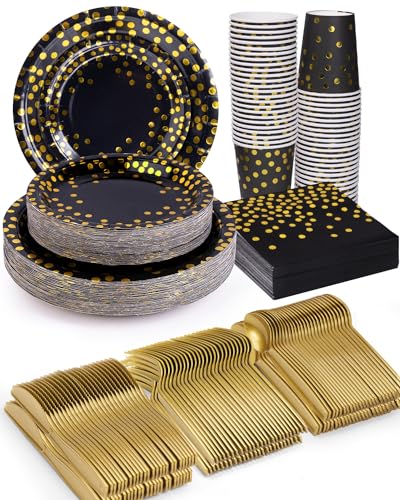 350 Pieces Party Supplies, Black and Gold Party Plates Cups and Napkins Sets with Plastic Knives forks spoons, Disposable Tableware Serves 50 Sets for Wedding, Birthday, Graduation, Festivals
