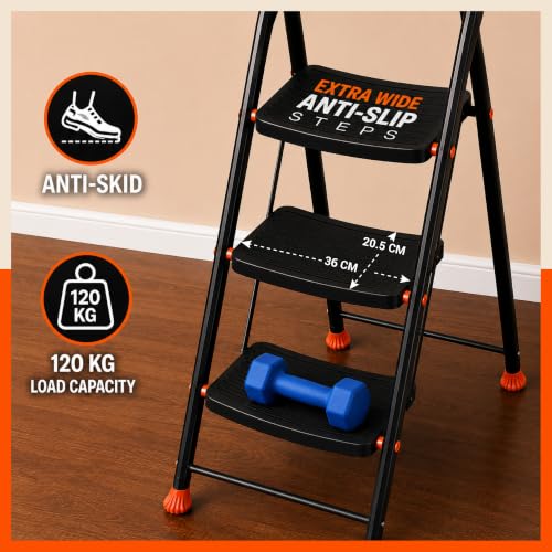 Image of Bathla 2 Step Ascend Steel Ladder for Home Use | Large Platform | (36 x 20.5 cm) | Wide Anti-Skid Steps | Safety Hand Grip | Heavy Duty Foldable | 120 kg Capacity | 2-Year Warranty | Orange & Black