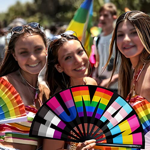 Image of bmuvghi Rainbow Folding Fan Pride Hand Held Fan Gay Pride Stuff Large Clack Hand Fan Foldable Rave Fan for LGBTQIA+ Pride Parade Pride Accessories Stuff