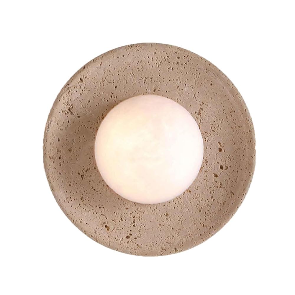 FEITENGDA 9.8" Japanese Style Travertine Wall Sconce Minimalist Round Stone Accent Wall Lamp Modern Globe Glass Shade Wall Light for Bedroom Living Room Vanity Hallway Study