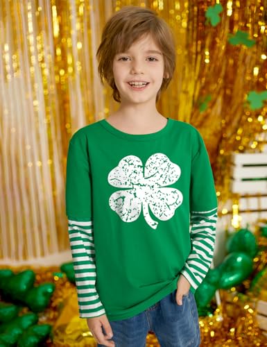 Image of Unisex Kid's St Patrick's Day Shamrock Top Striped Patchwork Irish Clover Long Sleeve Shirt 4-14 Years