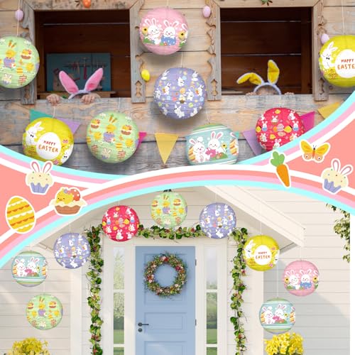 Image of Panelee 12 Pcs Easter Paper Hanging Lanterns Party Decorations 8 Inch Pastel Cute Bunny Round Lanterns for Easter Party Office Classroom Decorations Indoor Outdoor