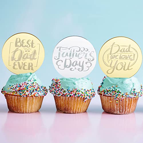 Happy Father's Day Cupcake Toppers Acrylic Mirror Disc Fathers Day Super Dad Cupcake Picks Party Cupcake Cake Decorations Supplies Sliver And Gold (20 Mix) #TOP4