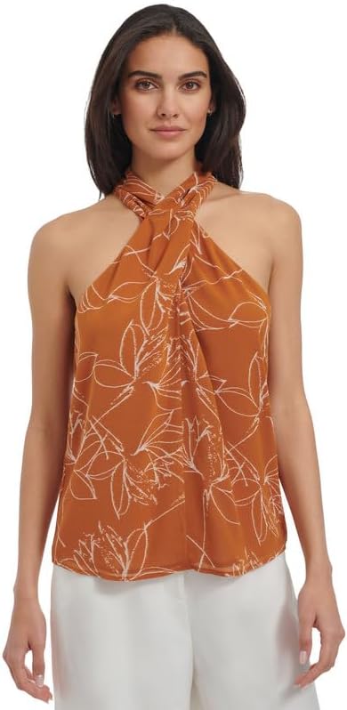 Calvin Klein Women's Printed Crisscross Halter Top (Terra Crea, X-Large) - Image 2