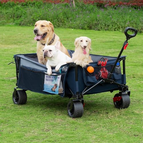 Image of Timber Ridge 600L Beast Wagon 26 inch W Extra Wide Folding w /Big Wheels Cart | Cargo Net & Tailgate, 500lbs Heavy Duty All Terrain 55.25 inch L Collapsible Portable Carts for Camping, Sports, Dogs, Blue