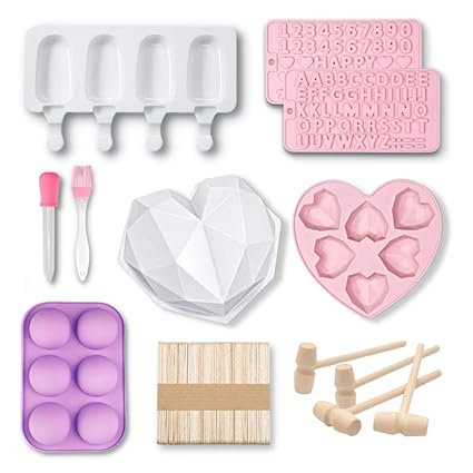 COGARO Chocolate Molds Silicone - 2 Sizes Breakable Heart Molds, Popsicle Molds w/ 4 Wood Hammers & 50 Sticks, Thanksgiving Chocolate Mold, Number & Letter Molds, for Christmas, Birthday