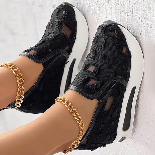 Platform Sneakers for Women Fashion Sneakers for Women 2025 Air Cushion Mesh Up Stretch Platform Shoes Floral Embroidery Breathable Slip on Sneaker Comfort Dressy Casual Walking Work Shoes3
