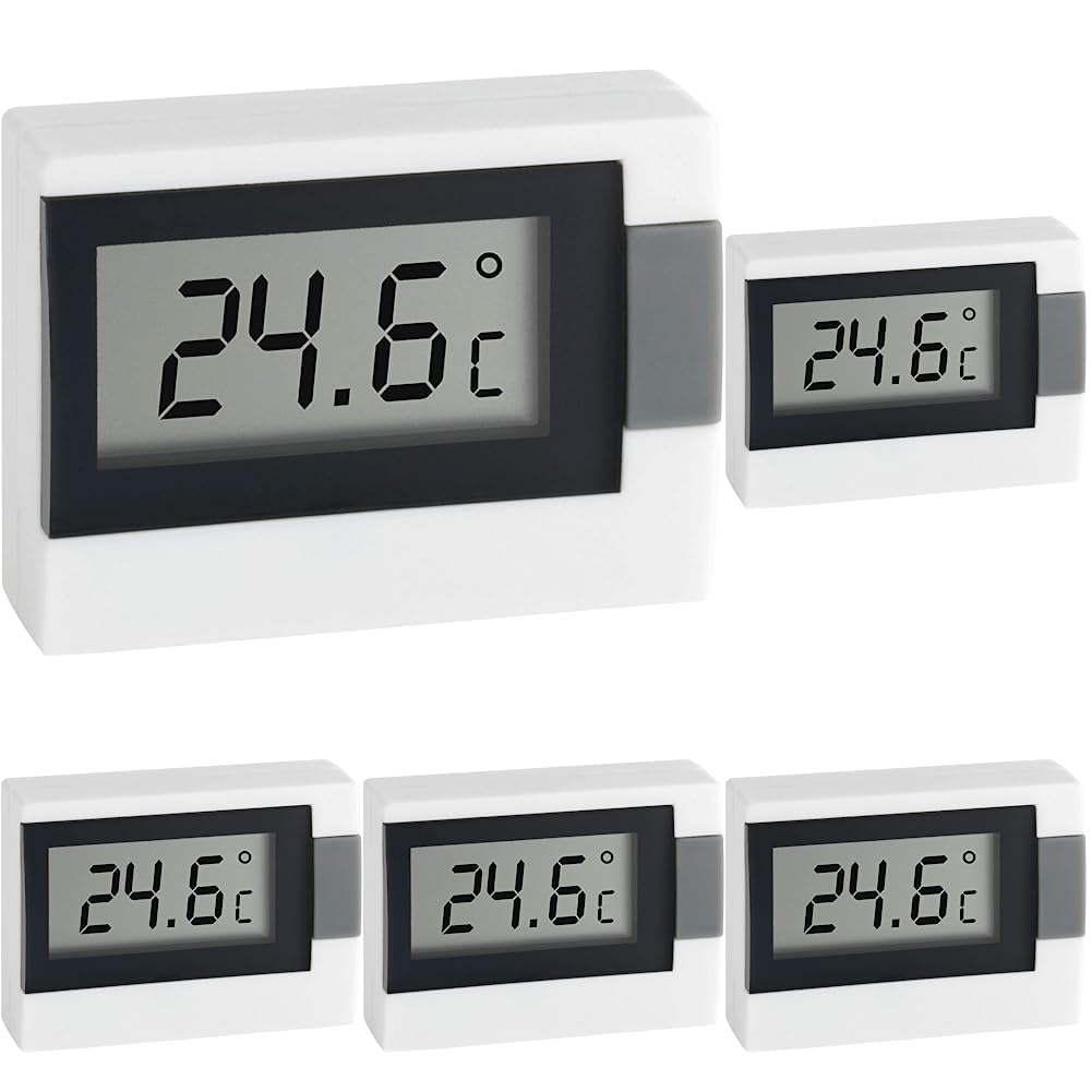TFA Dostmann Digitales Thermometer, vielseitig einsetzbar, Innentemperatur, Raumklima, weiß, L 54 x B 16 (30) x H 39 mm (Packung mit 5)