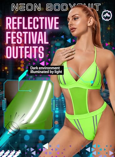 Reflective Rave Outfits for Women - EDC Festival Neon Bodysuit Mesh Lingerie Halter Swimsuit Party Stripe Jumpsuit2