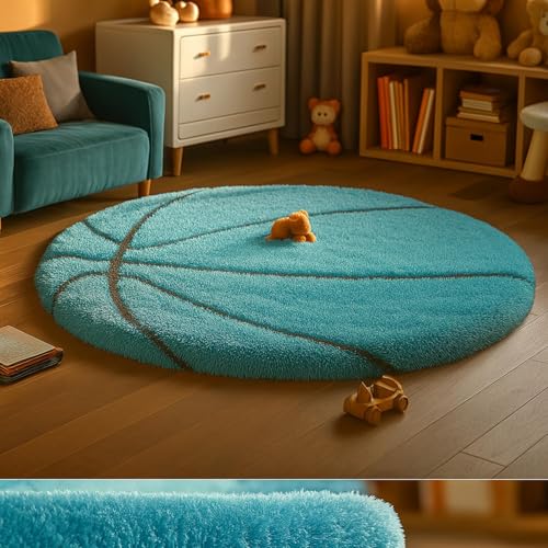 Image of Basketball Theme Rug - Shaggy Soft Carpet, Round Area Rug, Polyester, Sports Design Mat for Bedroom, Kids, Teen, Playroom, Living Room - (Turquoise, 5x5 feet, Round)