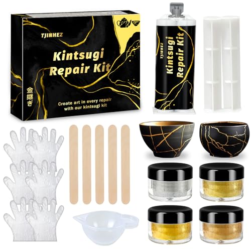 Kintsugi Repair Kit Food Safe Gold & Silver Kintsugi Kit for Broken Ceramics Glass Jade and Sculptures Japanese Art Craft with Gold Glue for Ceramics and Porcelain Repair Restoration