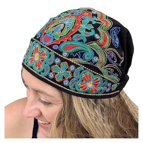 Handmade Embroidered Bandana Caps 2025 New Women Ethnic Style Head Wrap Beanie Cap Stretch Vintage Embroidery Bandanas Hat (US, Alpha, One Size, Black)