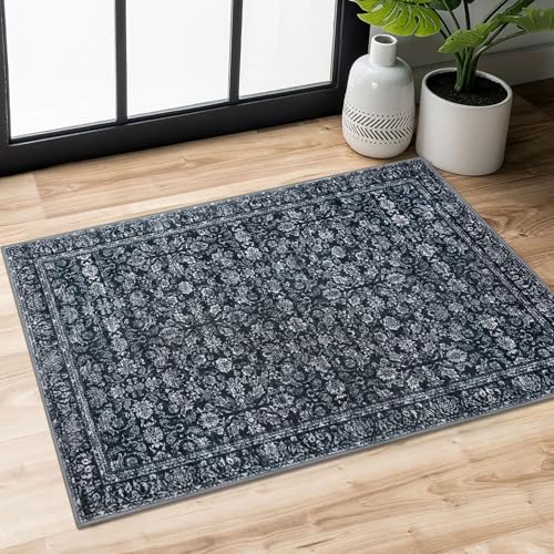 2x3 Black Navy Blue Washable Area Rug for Entryway, Non-Slip Soft Indoor Door Mat Distressed Floral Low-Pile Kitchen Rugs, Neutral Vintage Carpet for Entrance Farmhouse