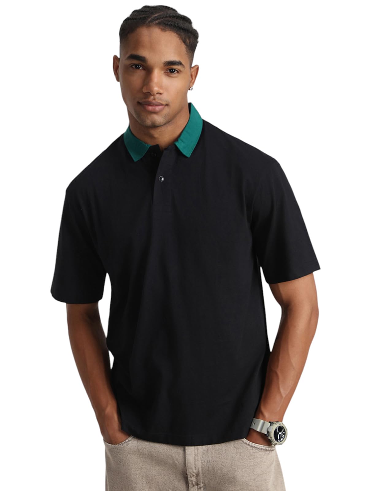 veirdo Men's Cotton Oversized Fit® Oversized Baggy Fit Drop Shoulder Half Sleeve Solid Core Polo Neck T-Shirt-picture-10