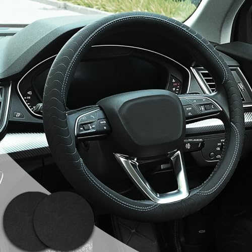 Steering-Wheel-Cover-Black-and-Blue-Car-Steering-Wheel-Covers-14-12-15-inch-with-Coasters-Microfiber-Leather-Sport-Breathable-Anti-Slip-Durable-Universal-Auto-Steering-Wheel-Protective