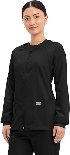 Vista 6 de Cherokee Chaqueta médica con cremallera frontal para mujer, 3 bolsillos, elástica en 2 direcciones, suave, transpirable, sarga cepillada, 4315