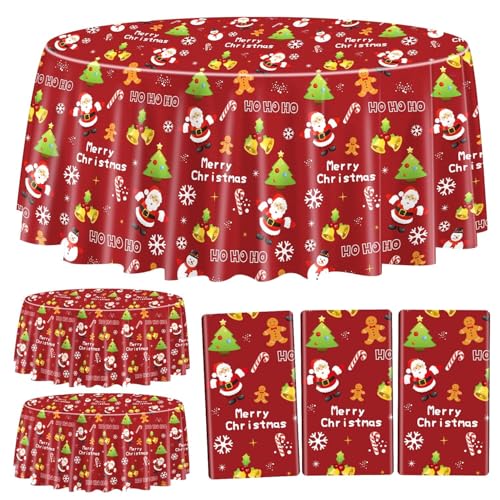 PTECDROTS 3Pcs Christmas Tablecloths Round Christmas Table Decorations Red Xmas Theme Table Cover for Winter Holiday New Year Christmas Party Supplies