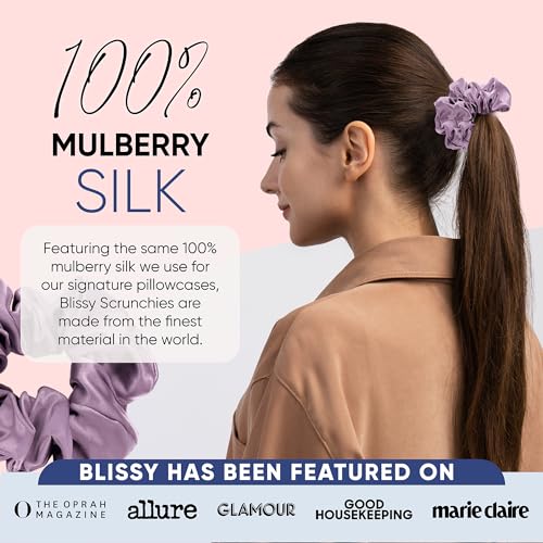 Image of Blissy Silk Scrunchies (3 Pack) - 100% Pure Mulberry Silk - 22 Momme 6A High-Grade Fibers Scrunchie for Straight & Curly Hair - Preventing Breakage, Tangling, & Creasing (Lavender Skinny)