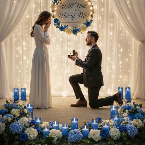 Image of Homemory Blue Flickering Flameless Candles, Battery Operated Acrylic LED Pillar Candles with Remote Control and Timer, Blue Decor, Set of 5
