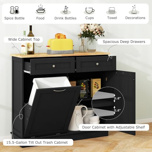 LOKO Kitchen Tilt Out Trash Cabinet, Pet Proof Trash Can Cabinet with 2 Drawers & Adjustable Shelf & Rubber Wood Tabletop, 39.5 x 14 x 35.5 inches (Black)