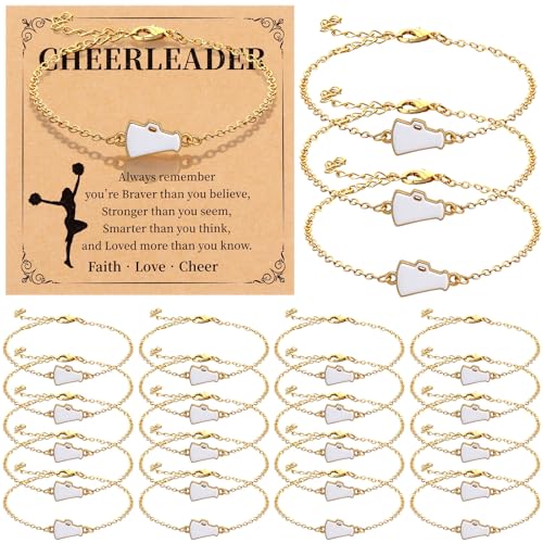 Liliaafar 24 Sets Cheerleader Gifts Bulk for Team Cheerleader Bracelet Charm Cheerleading Jewelry with Inspirational Card for Women Coach Mom Cheer Party Favor Stuff(Megaphone White)