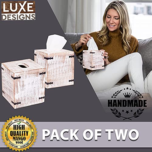 Luxe Designs Rustic Wood Tissue Box Cover with Slide-Out Bottom Panel - Decorative Mango Wood Tissue Box Holder for Bathroom, Car, or Office Desk - 5.7 x 5.7 x 6.5 Inches, Rustic White (Set of 2)