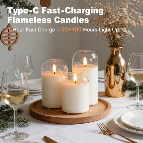 Image of LEDHOLYT Rechargeable Glass Jar Flameless Candles, Realistic Flickering LED Pillar Real Wax Candle with Remote Control and Timer, Ideal for Living Room, Bedroom & Festival Home Decor, 1 Set of 3
