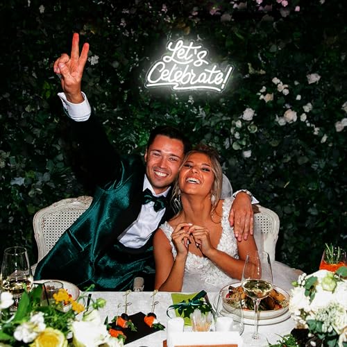 Image of Let's Celebrate Neon Sign, Dimmable LED White Letter Neon Light Signs, Lets Celebrate Neon Signs for Wall Decor, Lets Party Neon Sign Cheers Words Neon Signs Graduation Party Celebration Wedding Bar