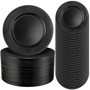 Hushee 200 Pack 13 Inch Charger Plates Plastic Dinner Charger with Beaded Rim Round Charger Service Plates Reliable Dinner Plates for Wedding Party Dinner Table Decoration (Black)