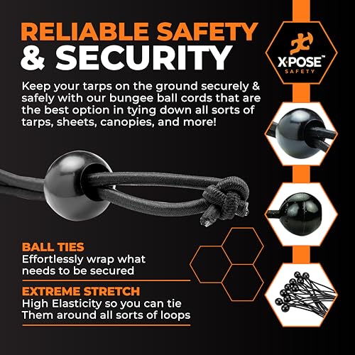 Image of Xpose Safety Bungee Ball Cords 6 inch 25 Pack Heavy Duty Black Stretch Rope with Ball Ties for Canopies, Tarps, Walls, Cable Organization