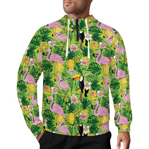 Dragon Fruit Flamingos Toucan Men's Quarter Zip Drawstring Hoodies Long Sleeve Sweatshirt Casual Pullover